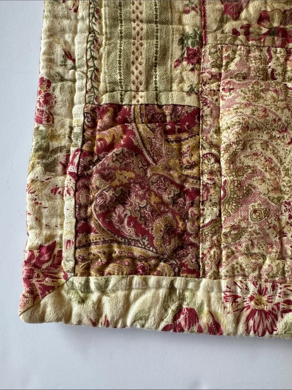 Vintage 16” Quilted Pillow Shams in Cream and Burgundy